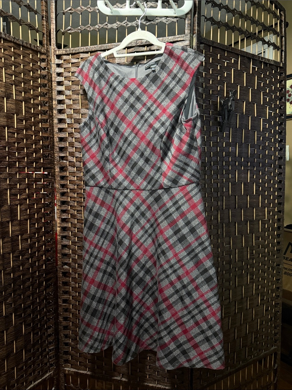 Maggy London Plaid Sleeveless Fit-and-Flare Dress in Gray and Red